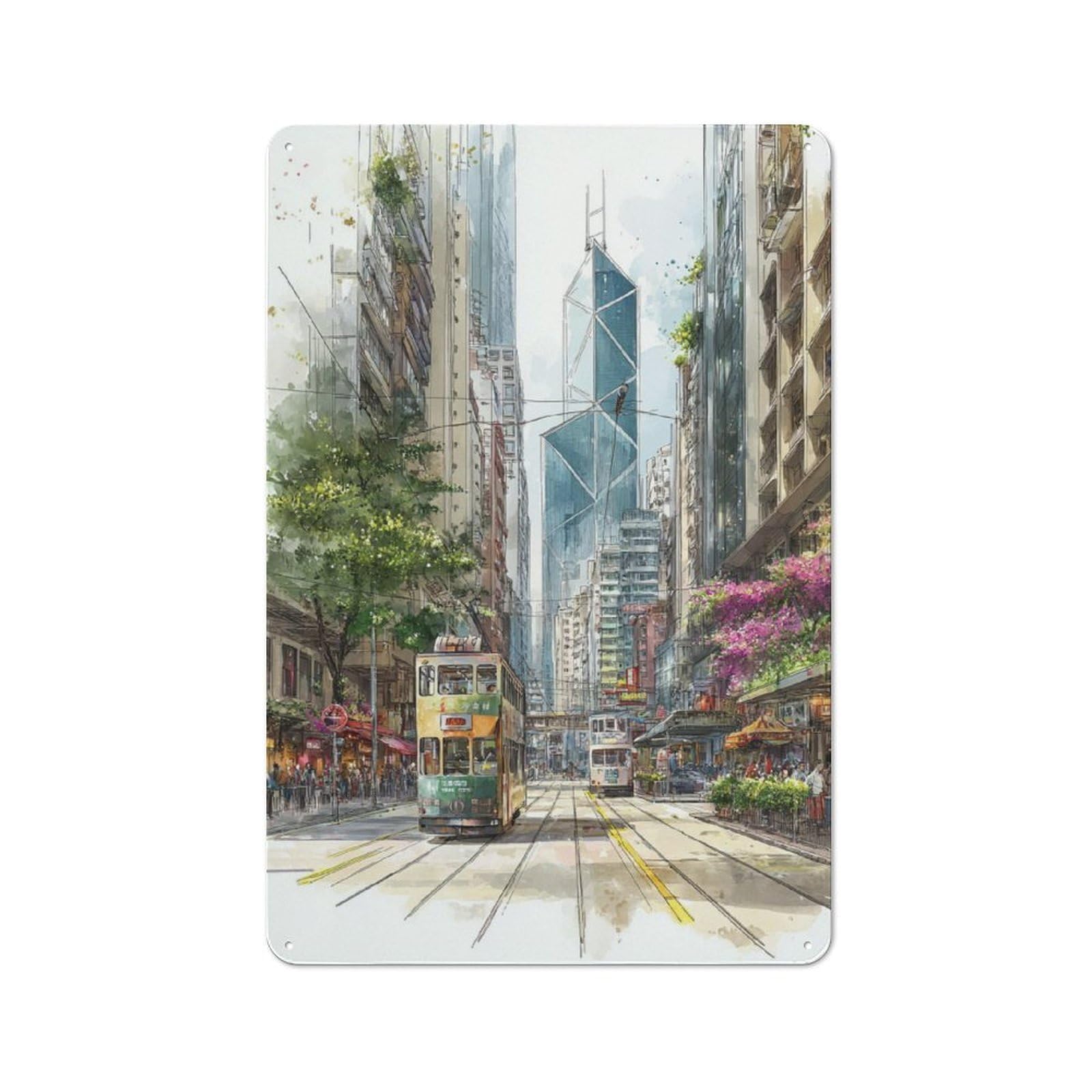 Junmoney Trams In The Cityscape Retro Metal Sign 30X20cm, Garage Style Shed Wall Plaque For Garage, Hobby Room, Office Or Man Cave