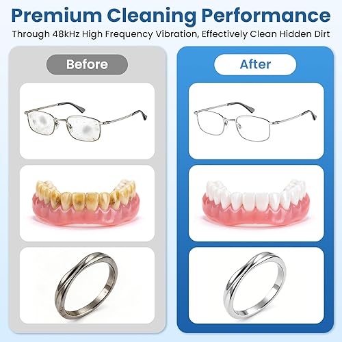 Miniatura 3 de Limpiador ultrasónico, limpiador ultrasónico profesional de joyas de 48 kHz para anteojos, joyas, anillos, correas de reloj, dentaduras postizas