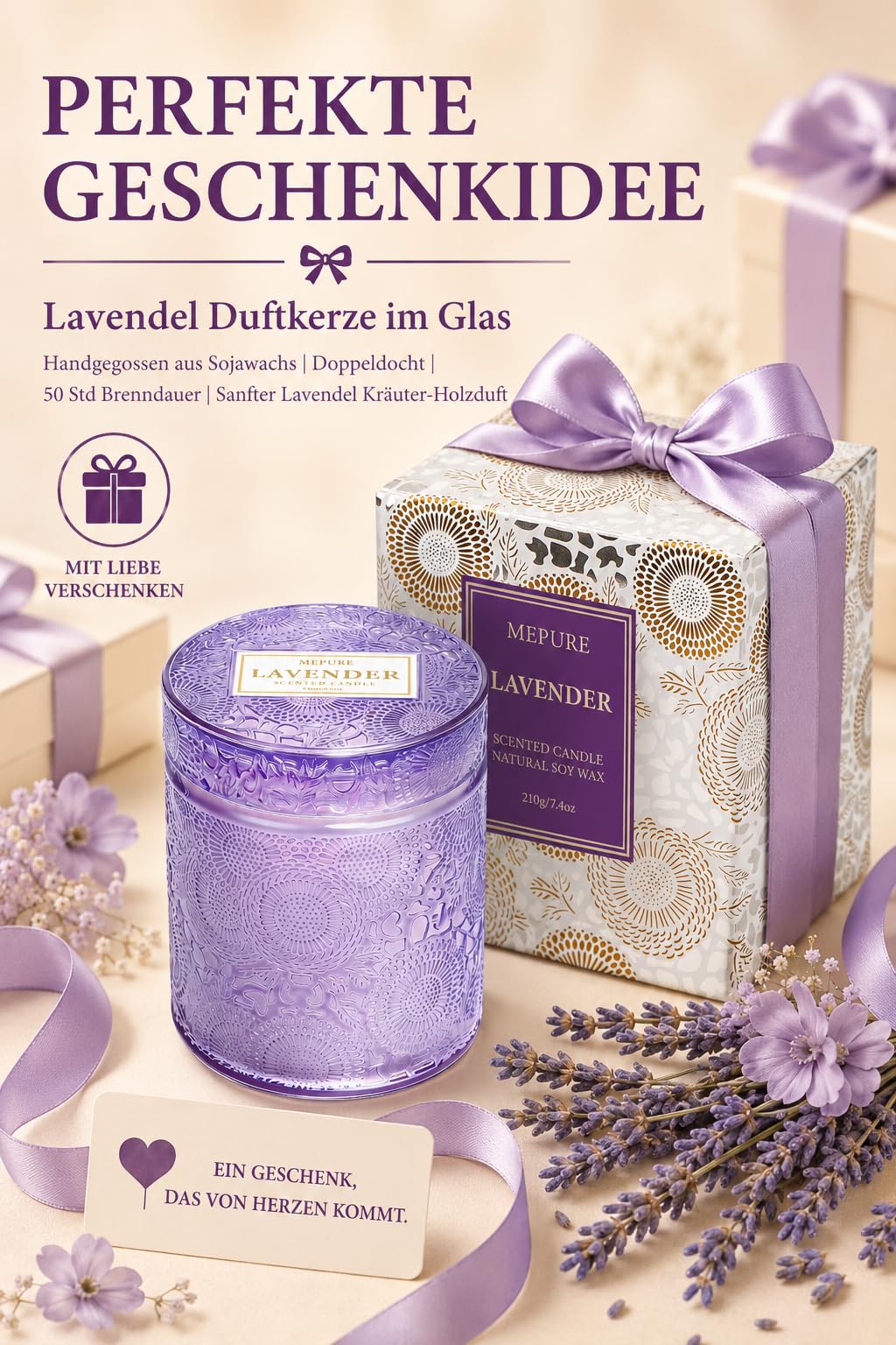 Lavendel Duftkerze im Glas – Duftkerze aus Sojawachs mit Doppeldocht, ca. 50 Std. Brenndauer, handgegossen, sanfter Lavendel Kräuter-Holzduft für Zuhause, Entspannung & als Geschenkide