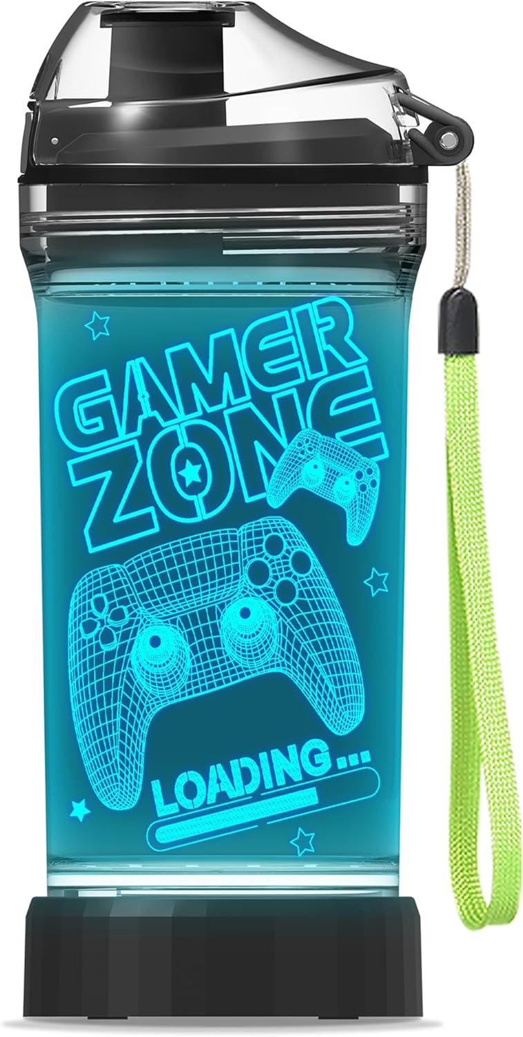 YuanDian Gamer Zone Water Bottle for Boys, Controller 7 Color Lights 3D Light up Drinking Cups Gifts for Gamers Men, BPA Free & Leak Proof Flip Top Lid & Easy Clean & Carry Handle, 14oz/ 400ml