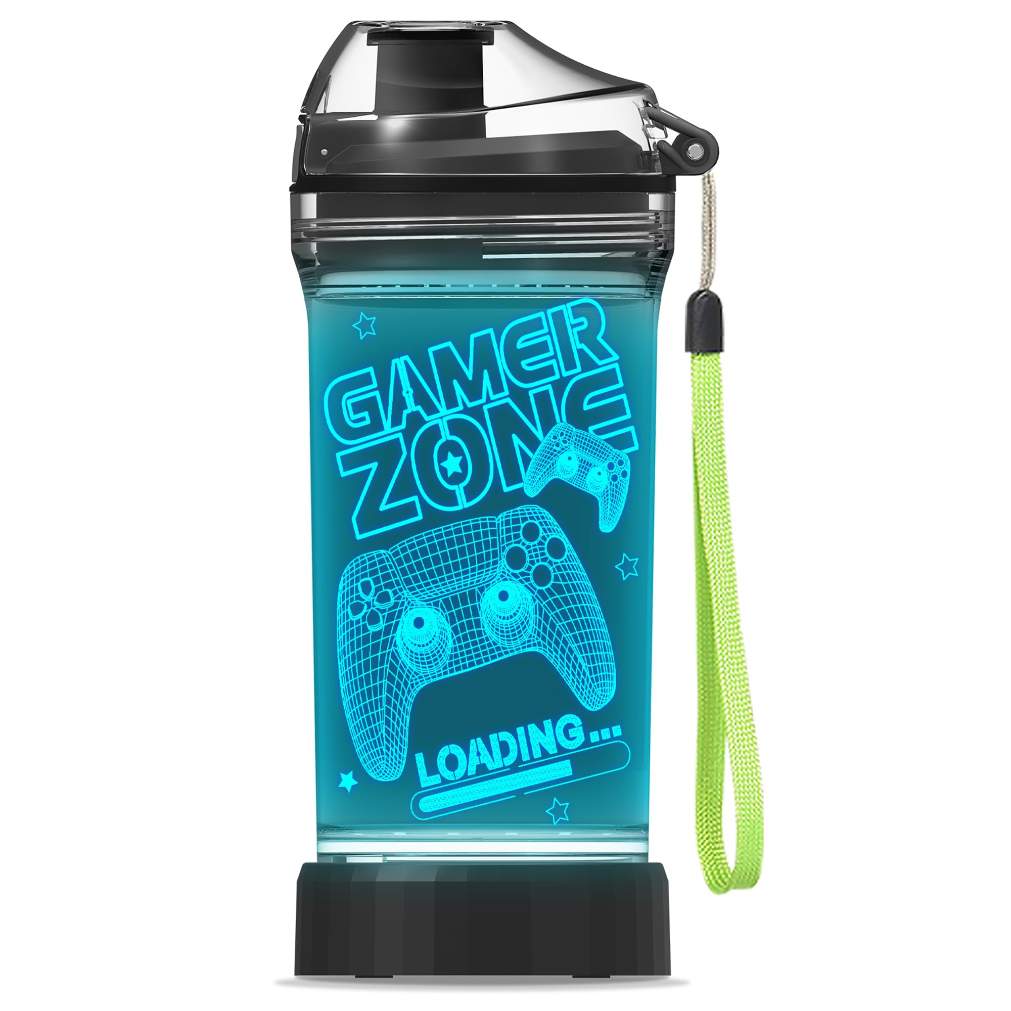 Gamer Zone Water Bottle for Boys, Controller 7 Color Lights 3D Light up Drinking Cups Gifts for Gamers Men, BPA Free & Leak Proof Flip Top Lid & Easy Clean & Carry Handle, 14oz/ 400ml