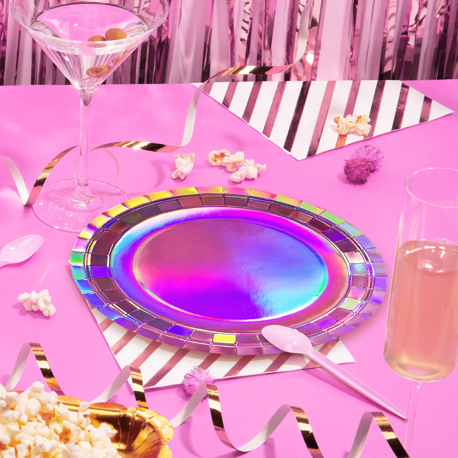 JarThenaAMCS 50 platos de papel rosa iridiscente holográficos desechables de color rosa intenso de 9 pulgadas, platos redondos de postre para discoteca, despedida de soltera, fiesta de cumpleaños