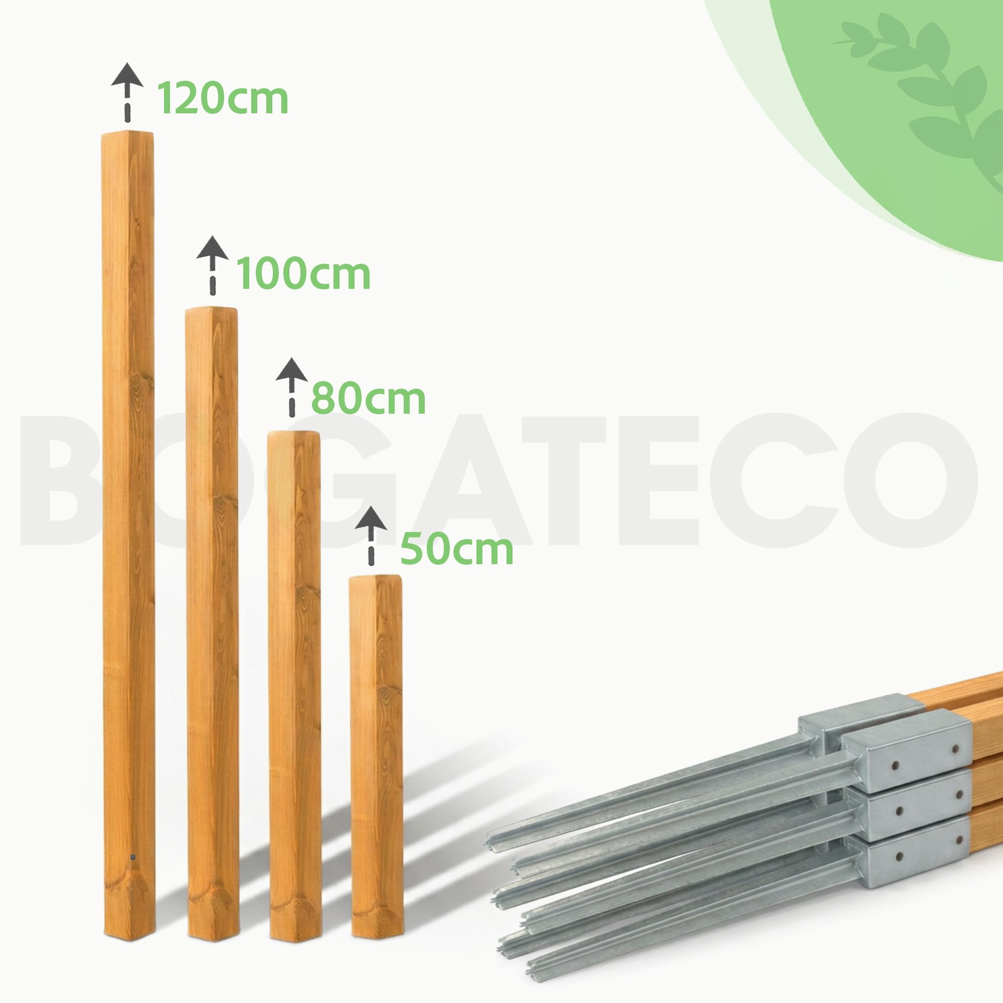 BOGATECO Lot de 6 poteaux de clôture en bois imprégné - 100 x 5 x 5 cm - Poteaux carrés avec tête plate - Avec manchon de sol à enfoncement - Bois équarri - Marron clair