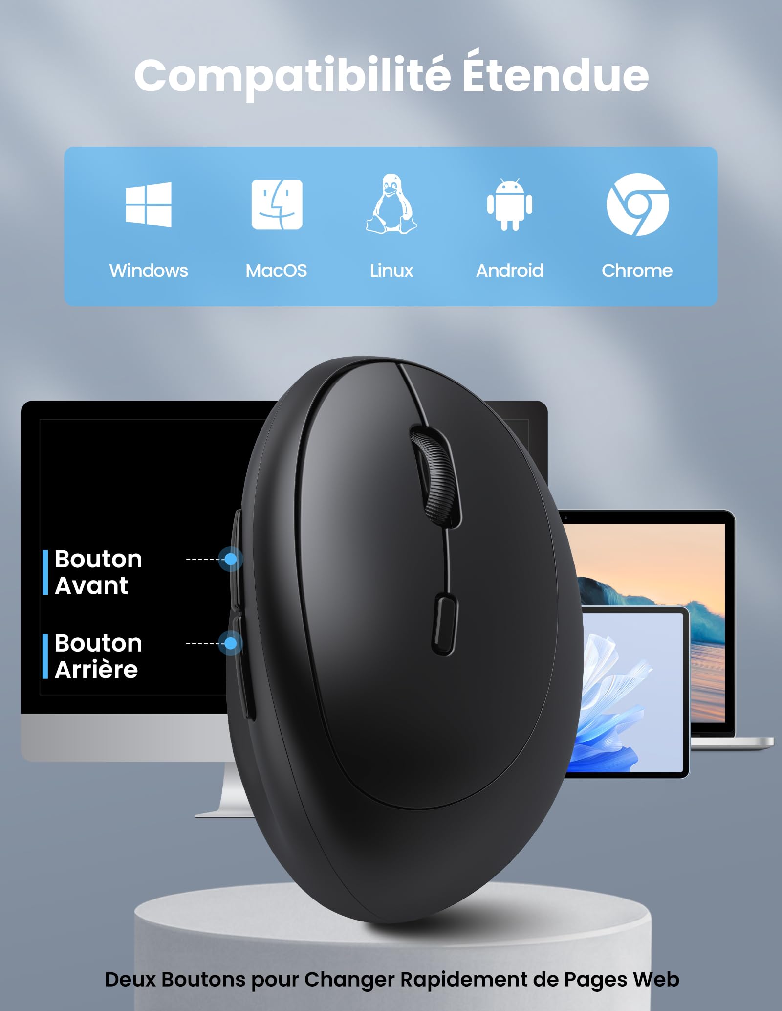 TECKNET Souris Ergonomique sans Fil Bluetooth avec Connectivité 3-Mode (BT5.0/3.0+2.4G), Souris sans Fil Rechargeable, 4800 DPI, Souris Silencieuse Verticale pour PC, iPad, Mac, Windows(Noir)