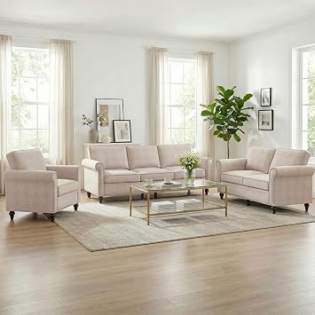 MUZZ 3PCS Sofa Set for Living Room, Linen 6 Seater Couch Set with Nailhead Trim Design, Modern Living Room Furniture Set for Office, Apartments Sofa & Loveseat & Chair/Beige
