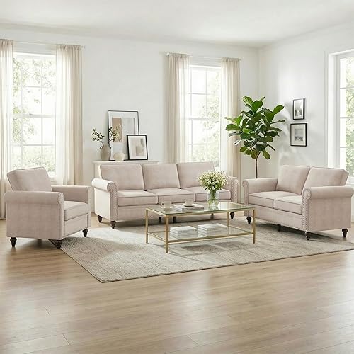 CECER 3 Piece Living Room Sofa Set, Linen Fabric Couch Set with Nailhead Trim, Modern Upholstered 6 Seat Sectional Sofa Couch for Living Room/Apartment-(Beige)