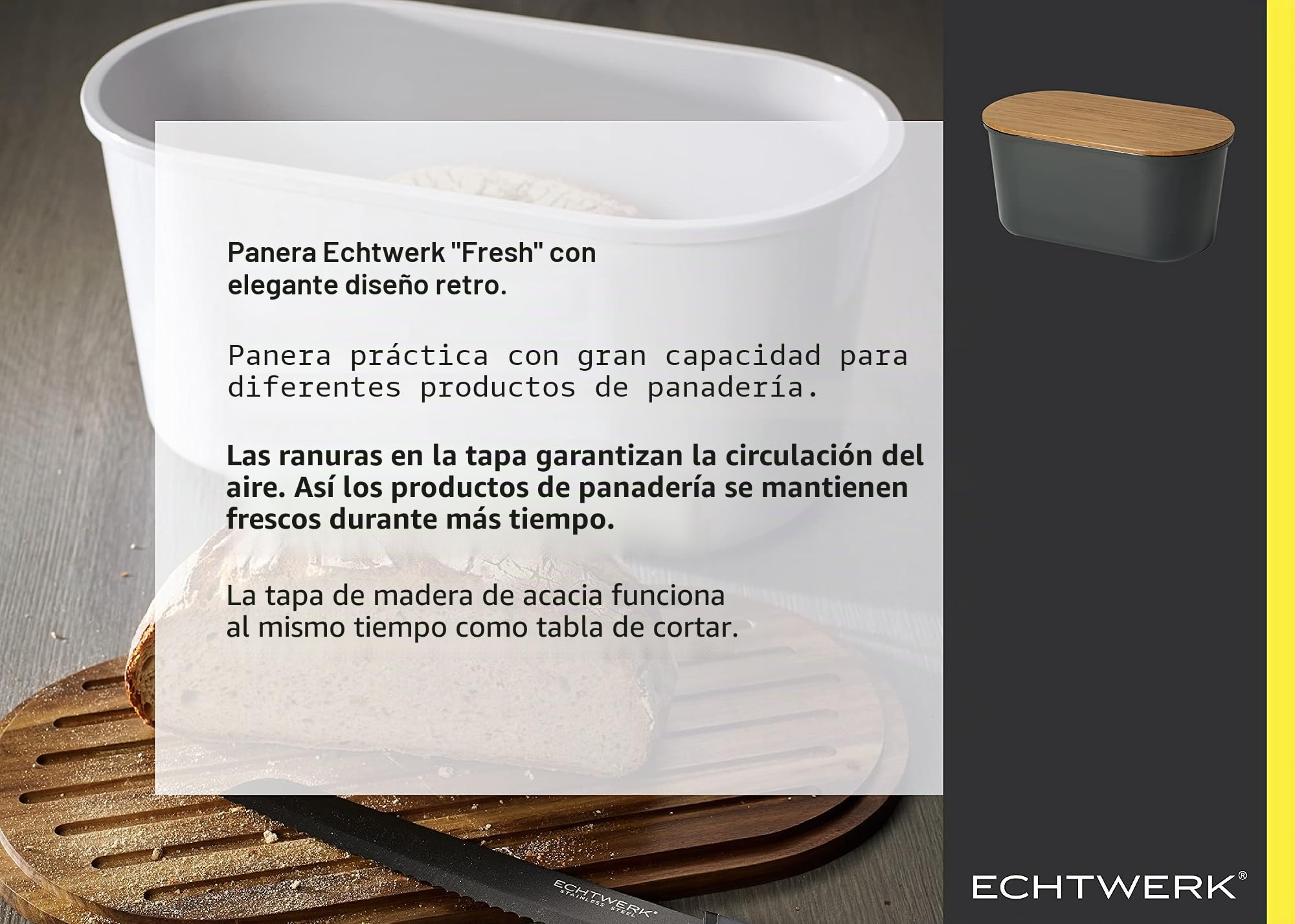 Echtwerk Caja de panera de melamina para Guardar Pan con Tapa de bambú, con Tabla de Cortar integrada, Negro