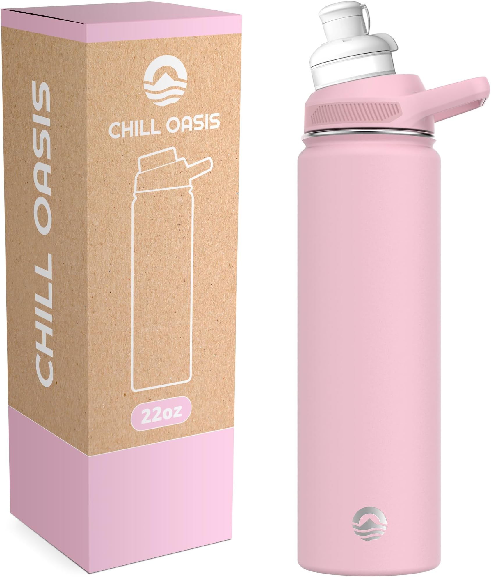 Water Bottle | Compatible With Popular Flavor Cartridges | BPA Free, Leak Proof, Double-Walled Vacuum Insulated Stainless Steel, and Dishwasher Safe | Cold for 24 Hours (Pink, 22oz)