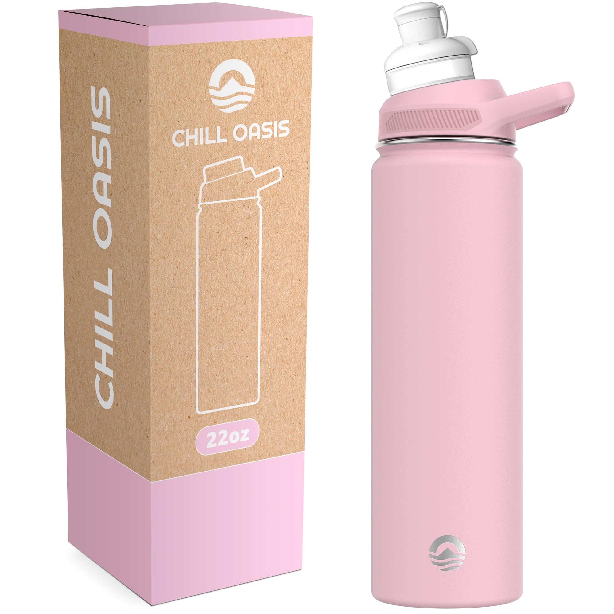 Chill OasisWater Bottle | Compatible With Popular Flavor Cartridges | BPA Free, Leak Proof, Double-Walled Vacuum Insulated Stainless Steel, and Dishwasher Safe | Cold for 24 Hours (Pink, 22oz)