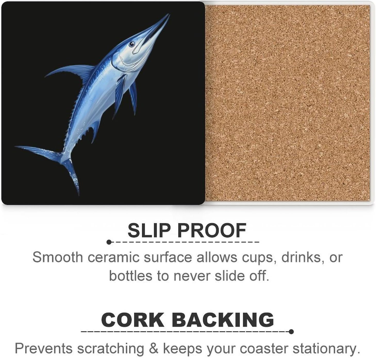 Blue Marlin Fish Funny Ceramic Coasters for Drinks Absorbent Cup Holder Tabletop Protector with Cork Base