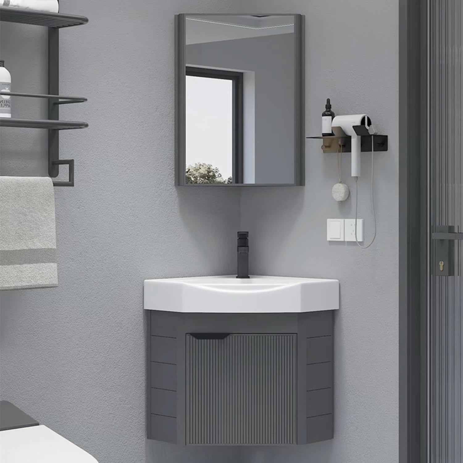 Stylish Wall Mounted Bathroom Sink with Space Saving Corner Vanity Cabinet Floating Washbasin & Mirror for Compact Guest Wc & Rv Ideal Storage Solution,Wit-48Cm/18.89In,Grau-43cm/16.92in