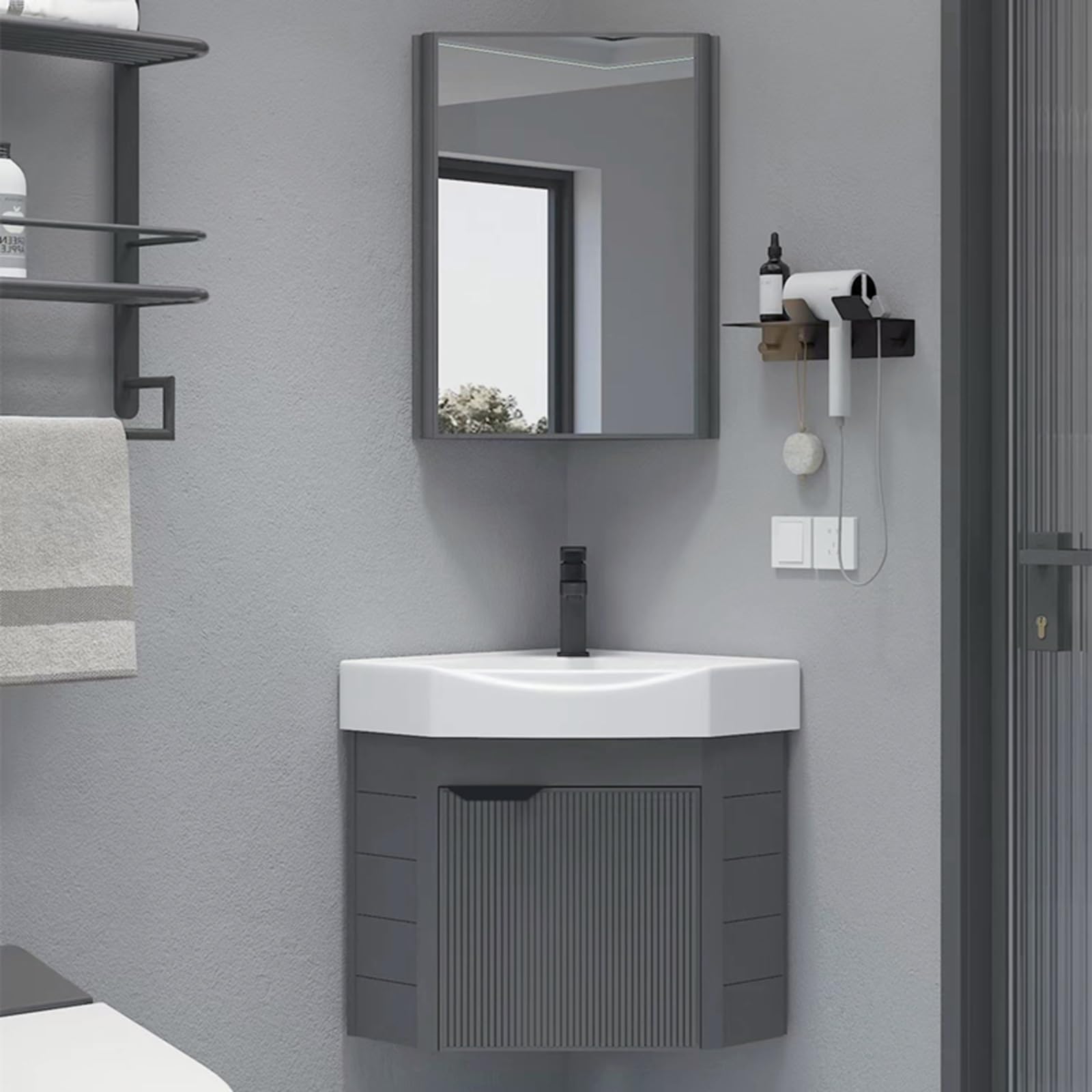 GLJTUO Wall-Mounted Corner Bathroom Sink with Vanity Cabinet – Space-Saving Floating Washbasin for Small Bathrooms, Guest WC, and RVs – ct Design for Efficient Use,Grau-43cm/16.92in