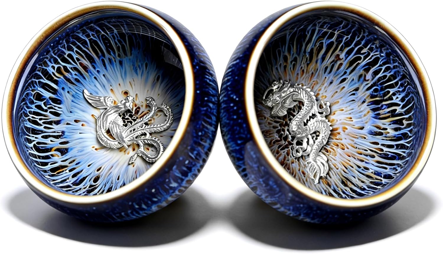 Handmade Dragon Phoenix Tea Cups Set, 3 oz Chinese Tenmoku Glaze Ceramic Small Cups for Couples, Wedding, Anniversary and Tea Lovers