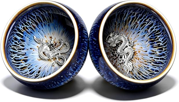 Blue Tenmokus Tea Cups Set of 2, Chinese Dragon Phoenix Tea Cup, 3 oz | Food Grade Ceramic, Handmade, Starry Sky Glaze, Dishwasher Safe, for Kungfu Tea Ceremony, Tea Tasting, Couples Gifts