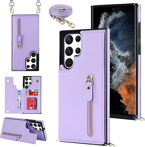 YDIJCYAN Funda tipo cartera cruzada para Samsung Galaxy S22 Ultra con soporte de ranura para tarjeta de bloqueo RFID, funda tipo cartera magnética