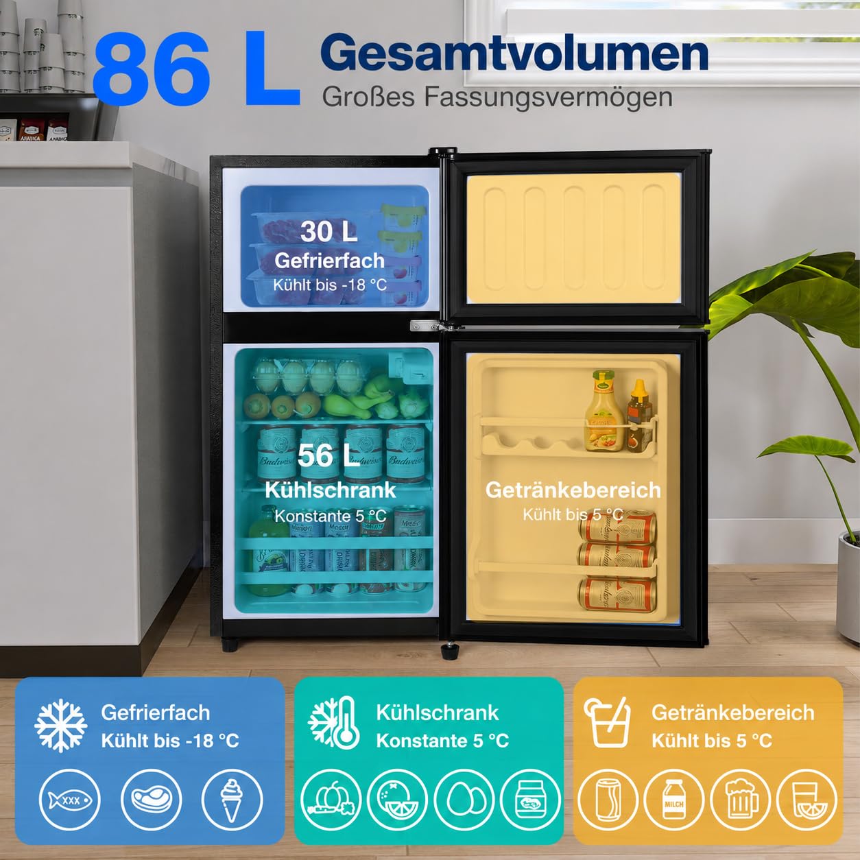 YASHE 86L Mini Kühlschrank mit Gefrierfach - Kleiner Kühlschrank, Doppeltür-Kühlschrank mit verstellbarem Thermostat, 7 Stufen, ideal für Wohnungen, Schlafzimmer, Büros und mehr