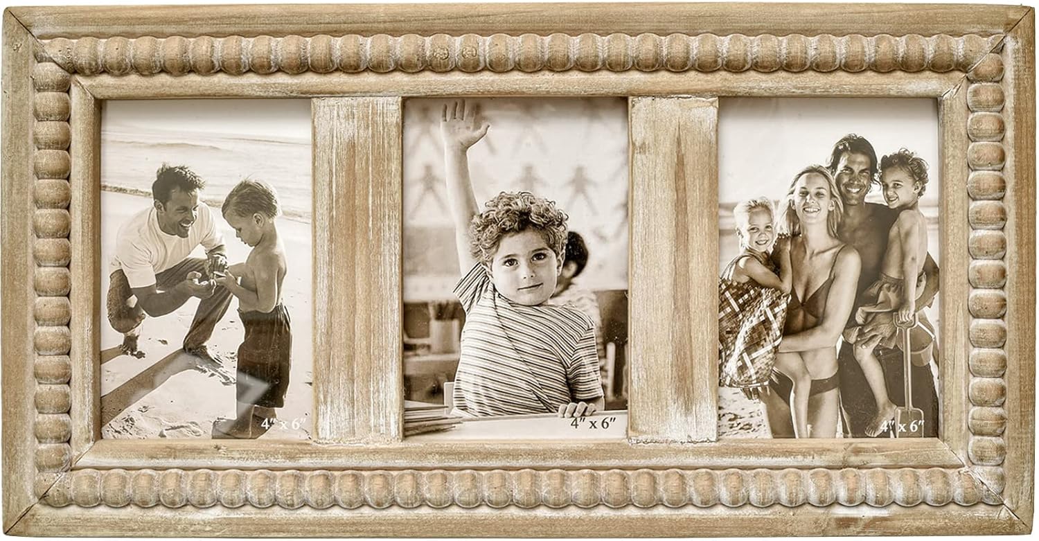 Rustic Distressed 3 Photos Folding Picture Frame Collage with Decorative Wood Beads, 3 Picture Frames 4x6 for Table or Wall Hanging, Farmhouse Gift Idea for Family and Friends
