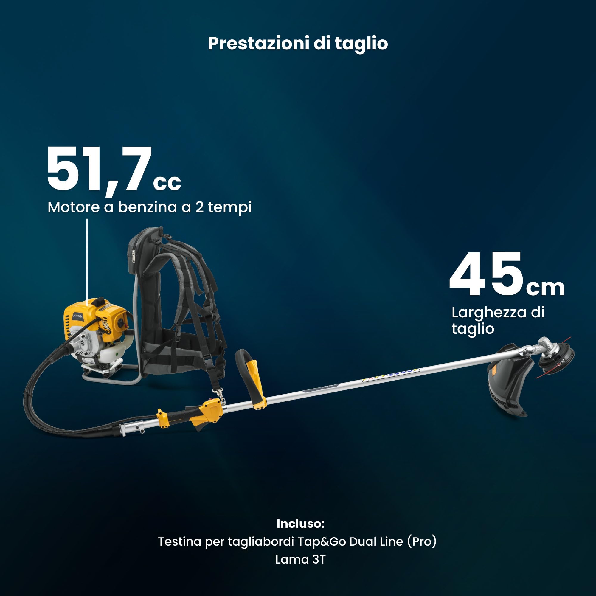 STIGA BC 555 R Decespugliatore a Zaino a Scoppio, 51,7 cc, 45 cm – Asta Flessibile, Testina Tap&Go + Lama 3T Incl. – Manutenzione Spazi Verdi