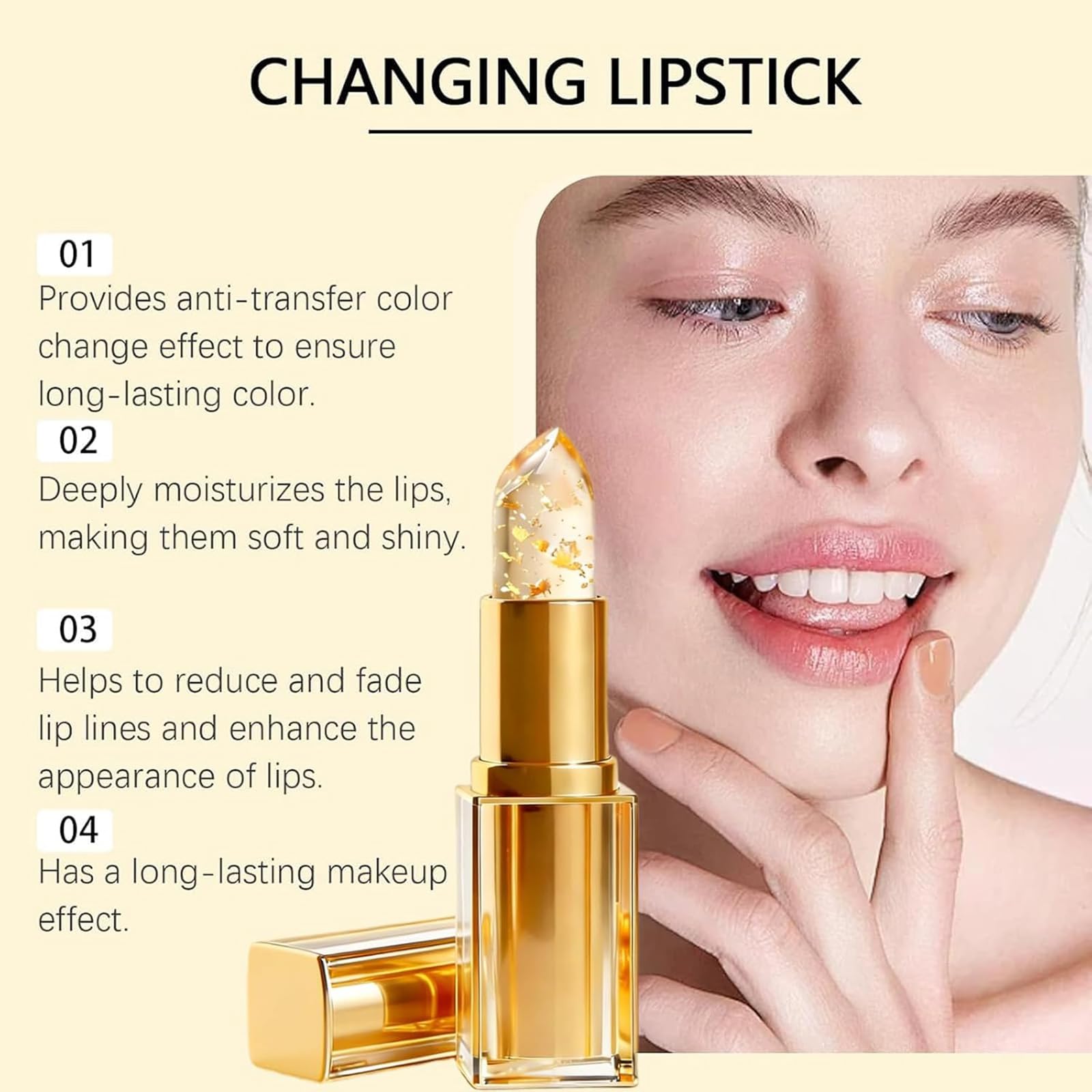 Lápiz Labial con Cambio de Temperatura, Labial de Larga Duración, Bálsamo Labial Transparente Dorado, Labial con PH Adaptable, Bálsamo Labial que cambia con la Temperatura (1PC) - 2