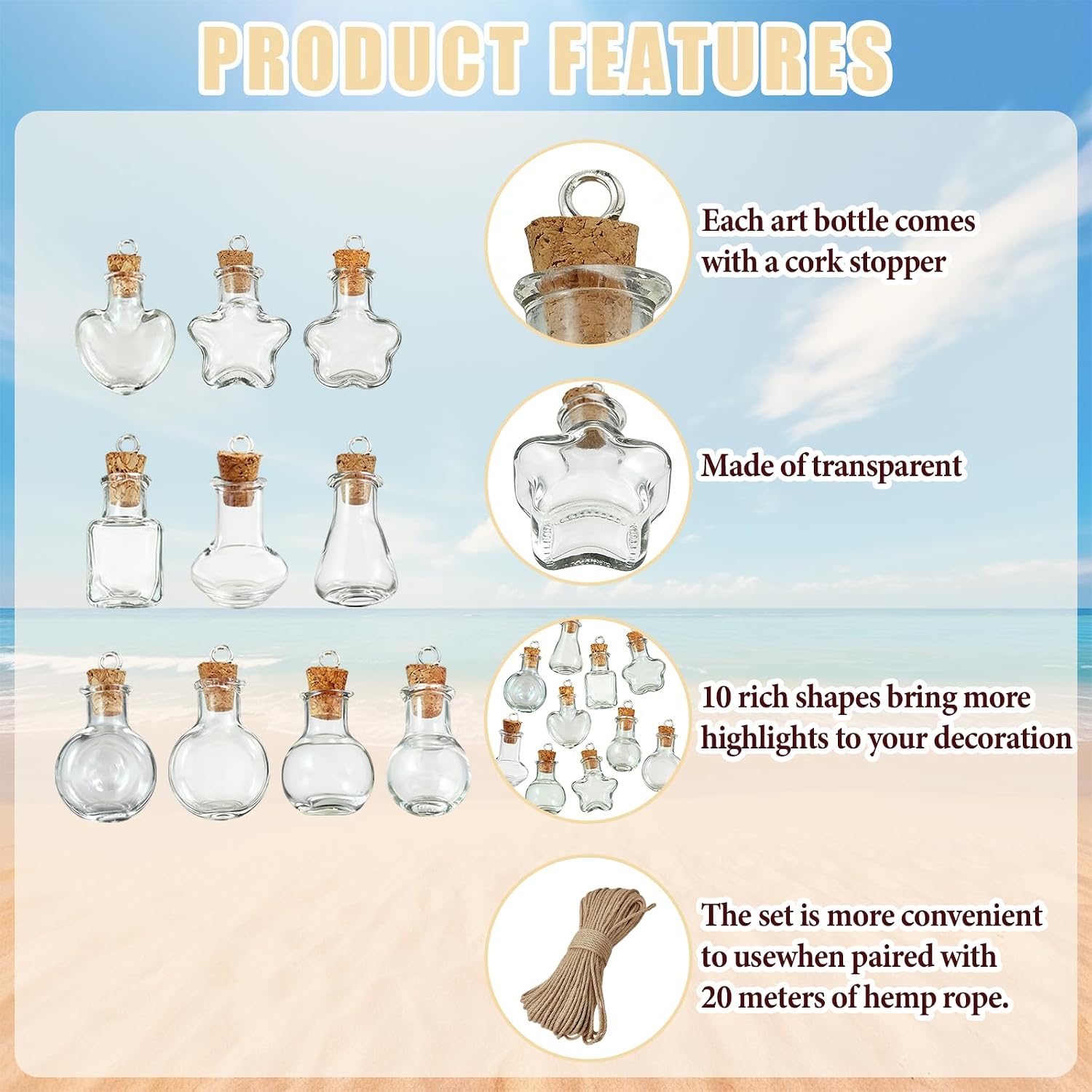 100 Pcs Small Mini Glass Jars Bottles with Corks (hook) and 20 Meters String 10 Style Clear Drifting Small Wishing Bottle/Mini Potion Bottles for Wedding Birthday Christmas Home Decoration DIY Crafts