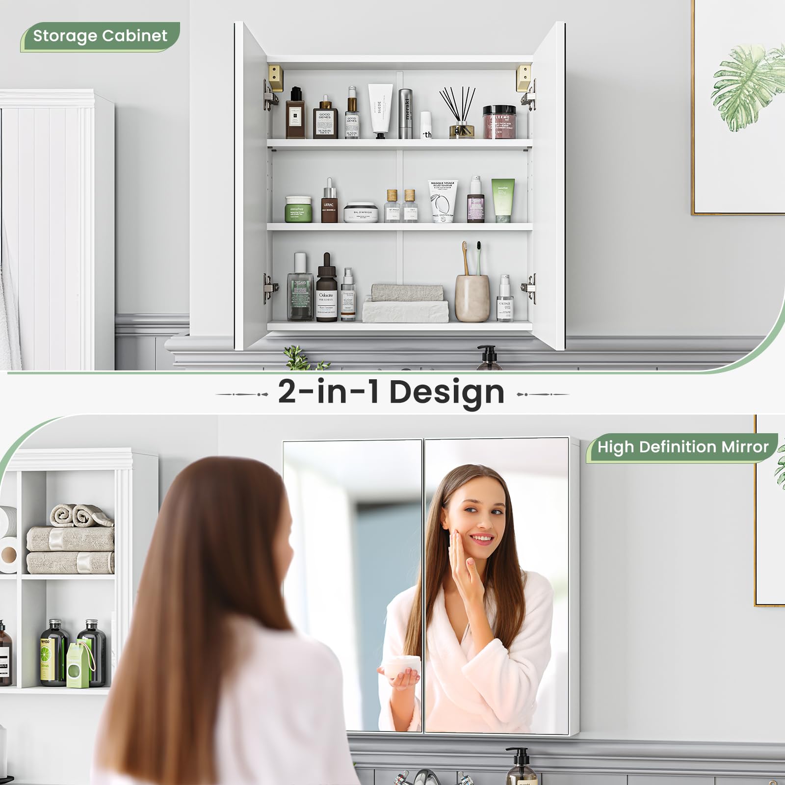 Dripex Armadietto Bagno con 2 Ante a Specchio 60 x 12 x 60 cm, Mobile Pensile da Parete con Ripiano Regolabile e Ripiano Aperto, Mobile Contenitore Salvaspazio, Bianco