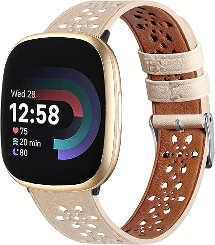 Correas de cuero compatibles con Fitbit Versa 3 BandsVersa 4 BandsSense 2Sense 1 Band Mujeres Hombres, Correa de repuesto de encaje floral hueco