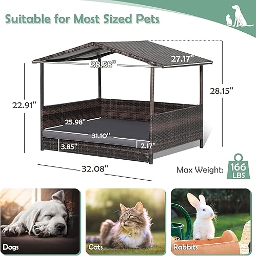 Miniatura 7 de Casa de cama de mimbre para perros, casas para perros de ratán de polietileno de alta densidad para interiores y exteriores, casa para mascotas,