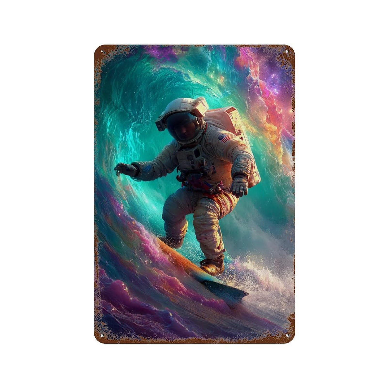 Astronaut Surfing in Space-5 Distressed Metal Wall Sign 11.8"x7.9", Shabby Chic Decor for Garage, Pub Or Kitchen