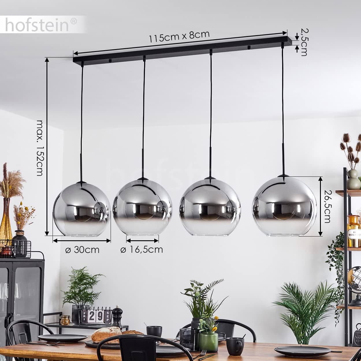 Suspension Verre Lampe à Suspendre Koyoto, Lampe à Suspendre En Métal/verre En Noir/chrome, Lampe à 4 Flammes En Design Vintage/rétro Avec Abat-jour En Verre ( 15 Cm), Hauteur Max. 147,5 Cm, 4