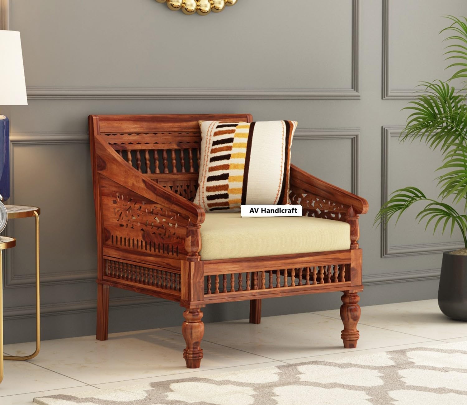 Solid Sheesham Wood Sofa Set for Living Room | Sofas | Wooden Sofa Set (Honey Teak & Cream, 1 Seater)