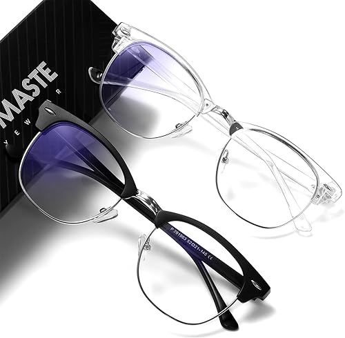 Vista 9 de Lentes de bloqueo de luz azul, vintage, medio marco, lente transparente UV, antifatiga ocular, gafas de juegos para computadora para mujeres