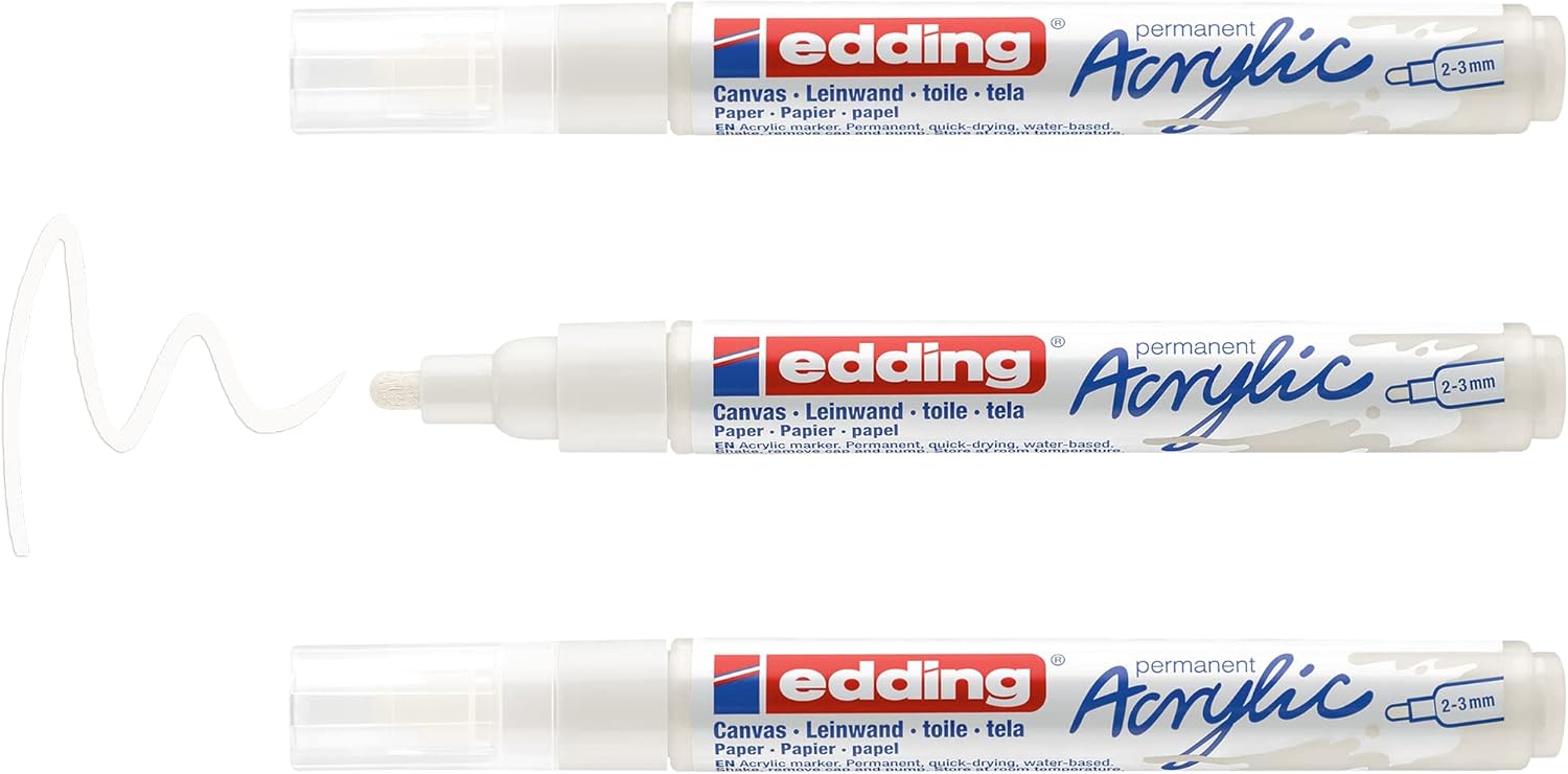 edding 5100 acrylic marker medium - white - 3 waterproof acrylic paint marker - round nib 2-3mm - acrylic paint pen for drawing on canvas, art paper and wood - acrylic markers for pebbles