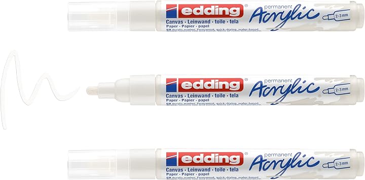 edding 5100 acrylic marker medium - white - 3 waterproof acrylic paint marker - round nib 2-3mm - acrylic paint pen for drawing on canvas, art paper and wood - acrylic markers for pebbles