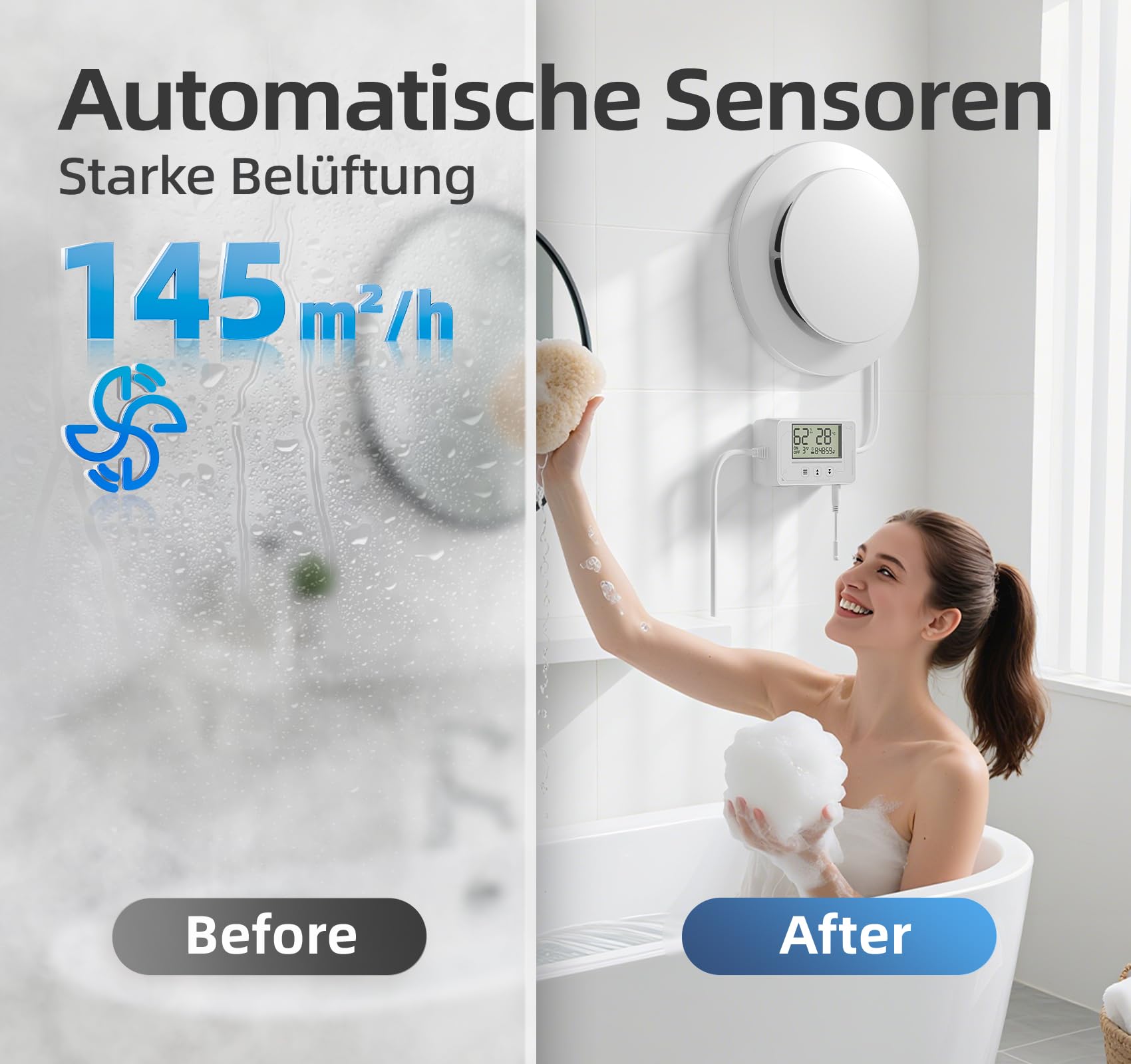 Badlüfter mit Feuchtigkeitssensor 100mm Fernbedienung Echtzeit Display 3 Stufen Timer leise Abluftventilator RU109