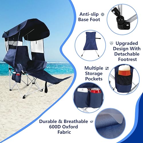 Miniatura 6 de Sillas plegables para acampar al aire libre silla de playa portátil deportiva con toldo, sillas de playa con sombrilla para adultos, silla de