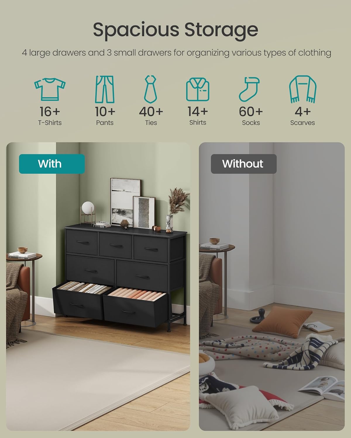 Comparison image showing the spacious storage capacity of the SONGMICS dresser's fabric drawers versus items scattered without storage.