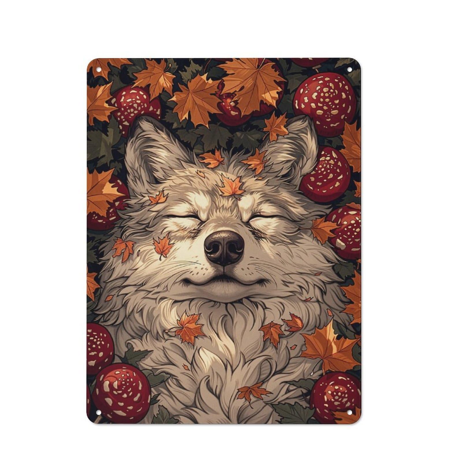 Junmoney Sleeping Wolf In Autumn Metal Wall Sign 40X30cm Featuring For Workshop Wall, Suited To Metal Sign Collectors
