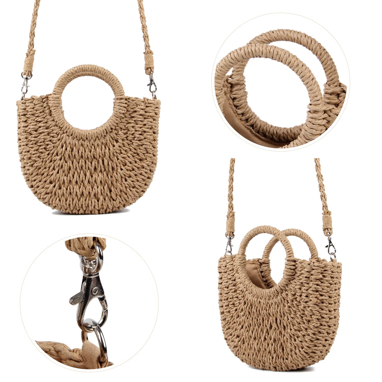 Borsa da spiaggia da donna in paglia Borsa a mano Hobo con manico rotondo Borse estive intrecciate a mano Borsa piccola con cinturini