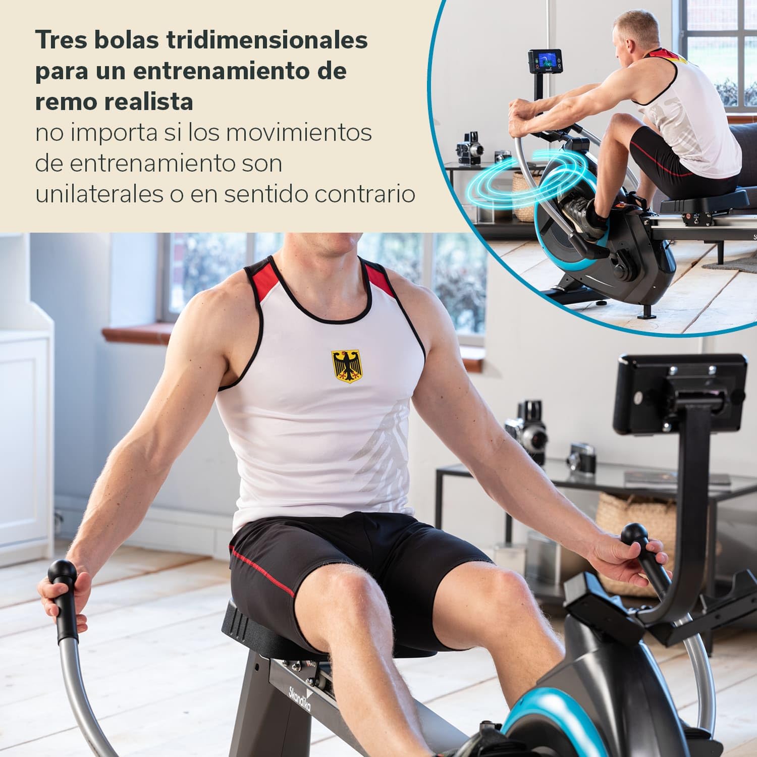 Skandika Nordlys Máquina de Remo - Remo giratorios 3D con rodamientos de Bolas - Ordenador + Soporte para Tablet - 16 Niveles de Resistencia