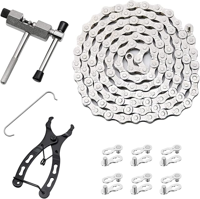 ERUERU 6/7/8 Speed Bike Chain Kit, Multi-Function Bicycle Mechanic Repair Kit, Chain Breaker and Bike Link Plier with Hook, 1/2×3/32 Inch 116 Links with 6 Pairs Bicycle Buckle