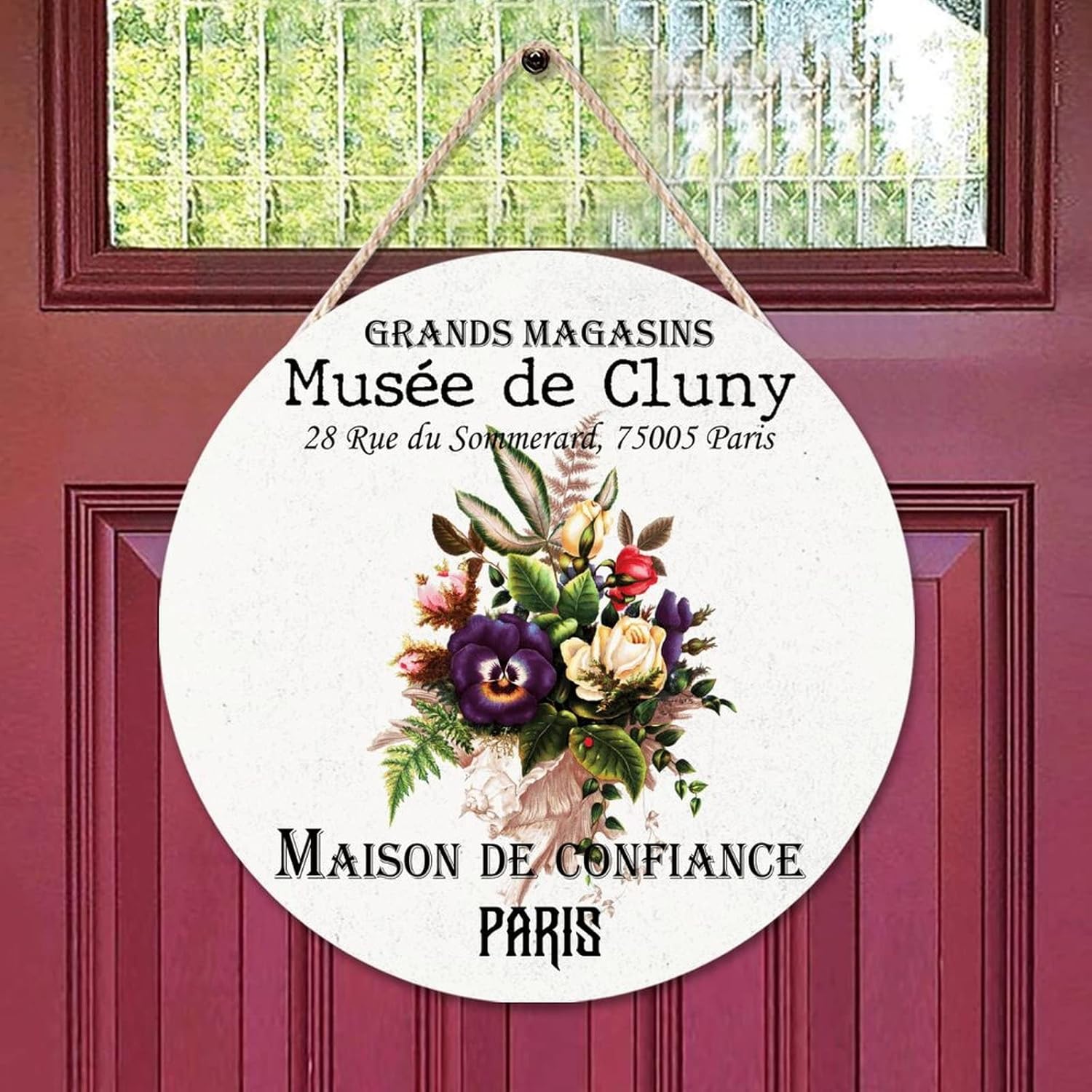 Vintage Flower Round Door Hanger Sign, Flower Wood Door Sign, 16x16in Custom Calligraphy Wall Door Hanging Sign for Outdoor Front Porch Farmhouse Front Door Decor Housewarming Gifts