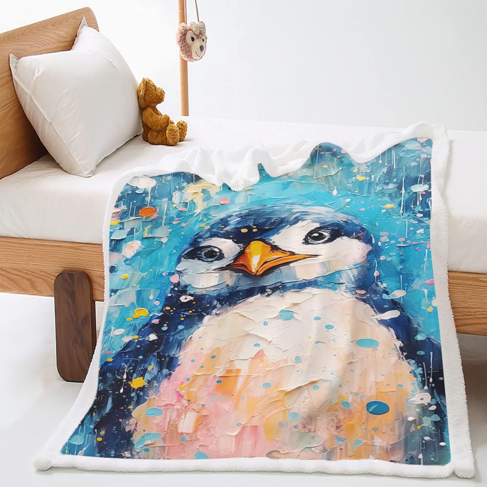 WEQEER Cuddly Blanket Penguin Motif Fleece Blanket Fluffy Penguin Sea Animals Blanket Children's Blanket for Boys Children Men Adults (7.130 x 150 cm)