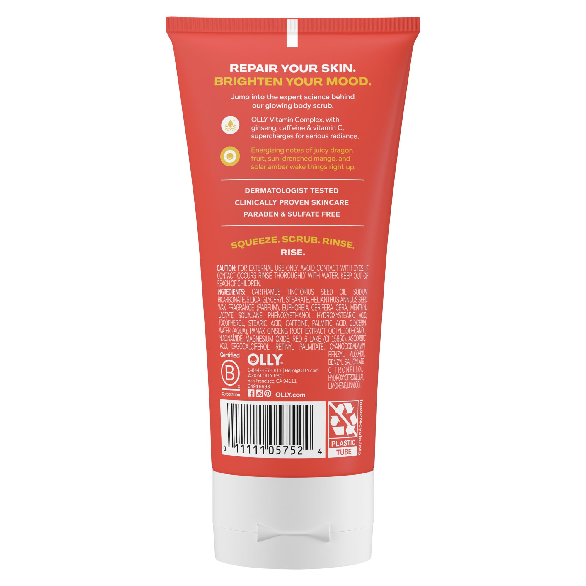 OLLY Bright Body Scrub with Ginseng, Caffeine & Vitamin C– Nourishing Cleanser for Skin Exfoliation, SkinBarrier Repair, Citrus Currant Scent, 6 oz