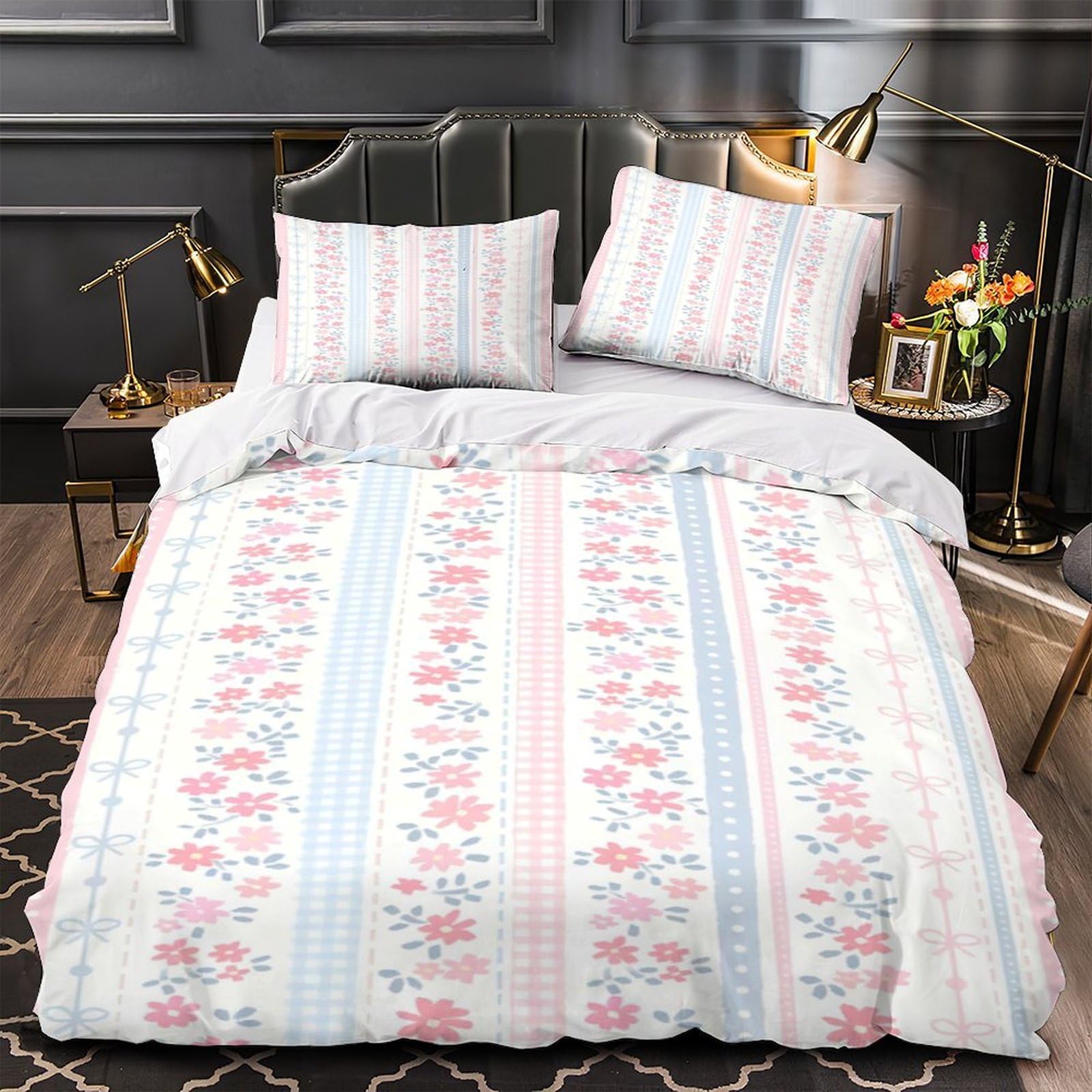 Housse de couette respirante rayures florales 3D en microfibre ultra douce