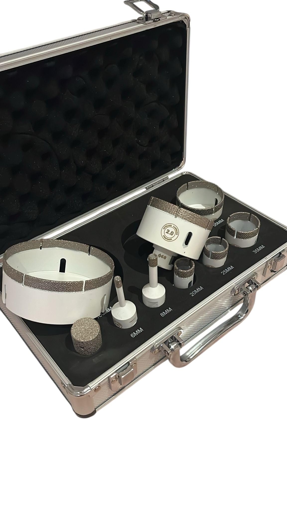 Kit de coronas/brocas diamantadas brasadas 9 piezas (Ø6-100 mm) con maletín – Para porcelánico, mármol y piedra – Outillage Carreleur 2.0