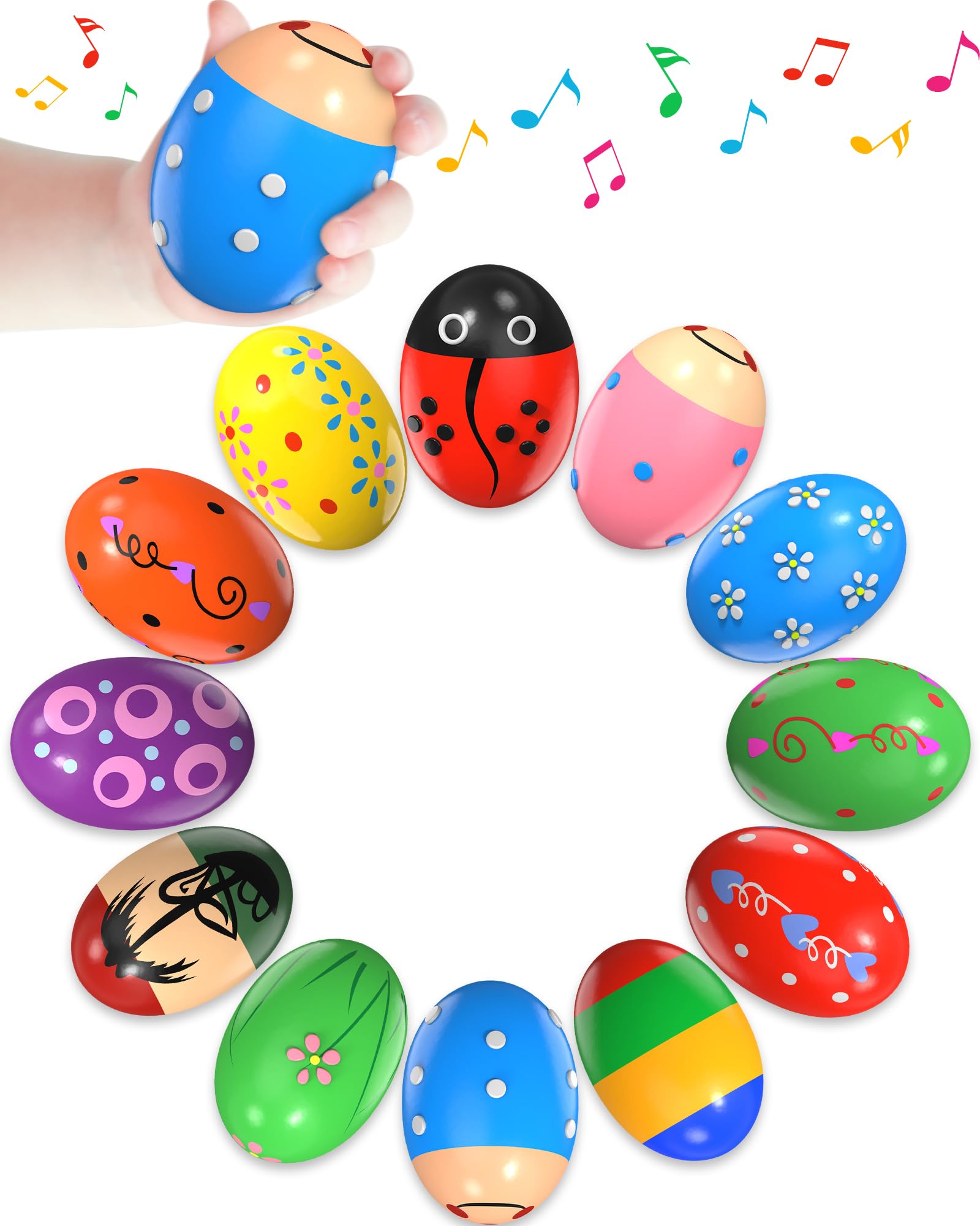 12 Pack Wooden Percussion Musical Shaker Prefilled Easter Eggs with Toys Inside Filled, Kids Easter Basket Stuffers Egg Fillers Montessori Toys Gifts for Kids Boys Girls Babies