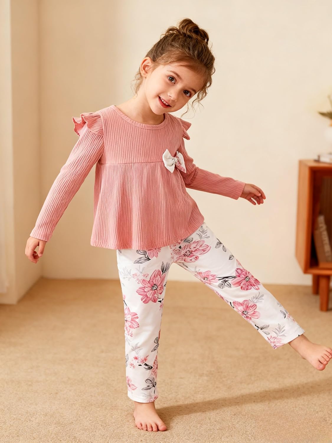 Toddler Kid Girls Clothes Outfit Bow Knot Decoration Long Sleeve+ Butterfly Print Pants 2PC Outfit