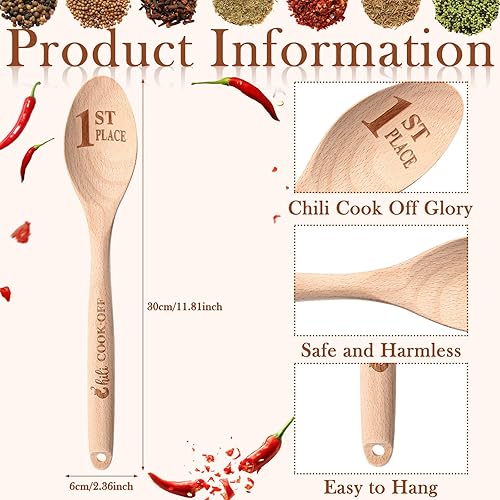 Miniatura 2 de Soaoo Chili Cook Off Trophy Cuchara de madera 3 piezas Cuchara de cocina grabada con chile Cuchara de servir Cuchara de chile Concurso de Madera