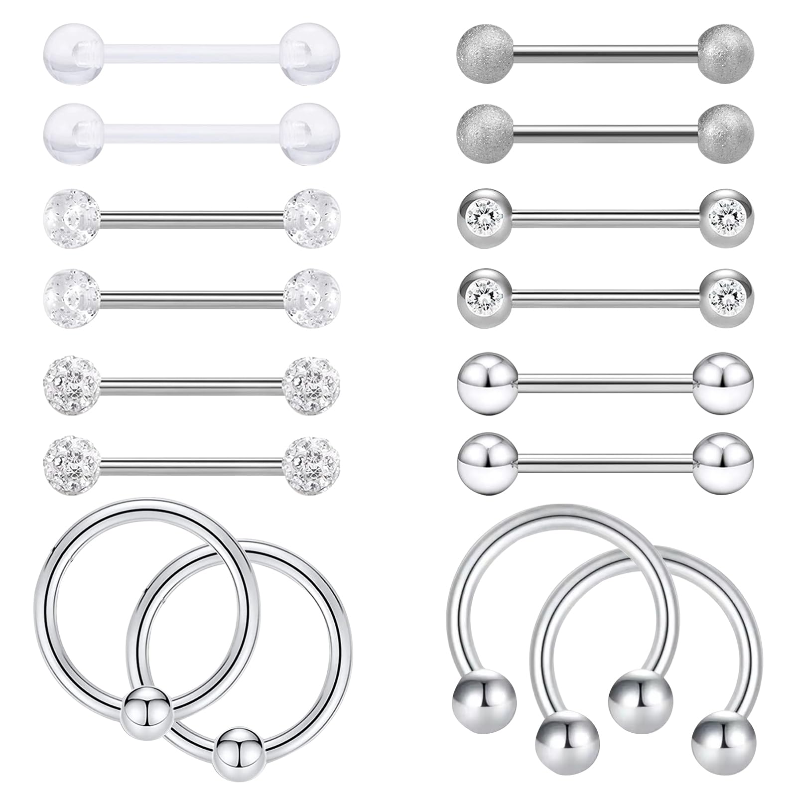 TYXHXTF 16Pcs Piercing per Capezzolo, Piercing Lingua Acciaio Chirurgico, Gioielli Piercing Corpo Argento per Piercing Barbells Donna