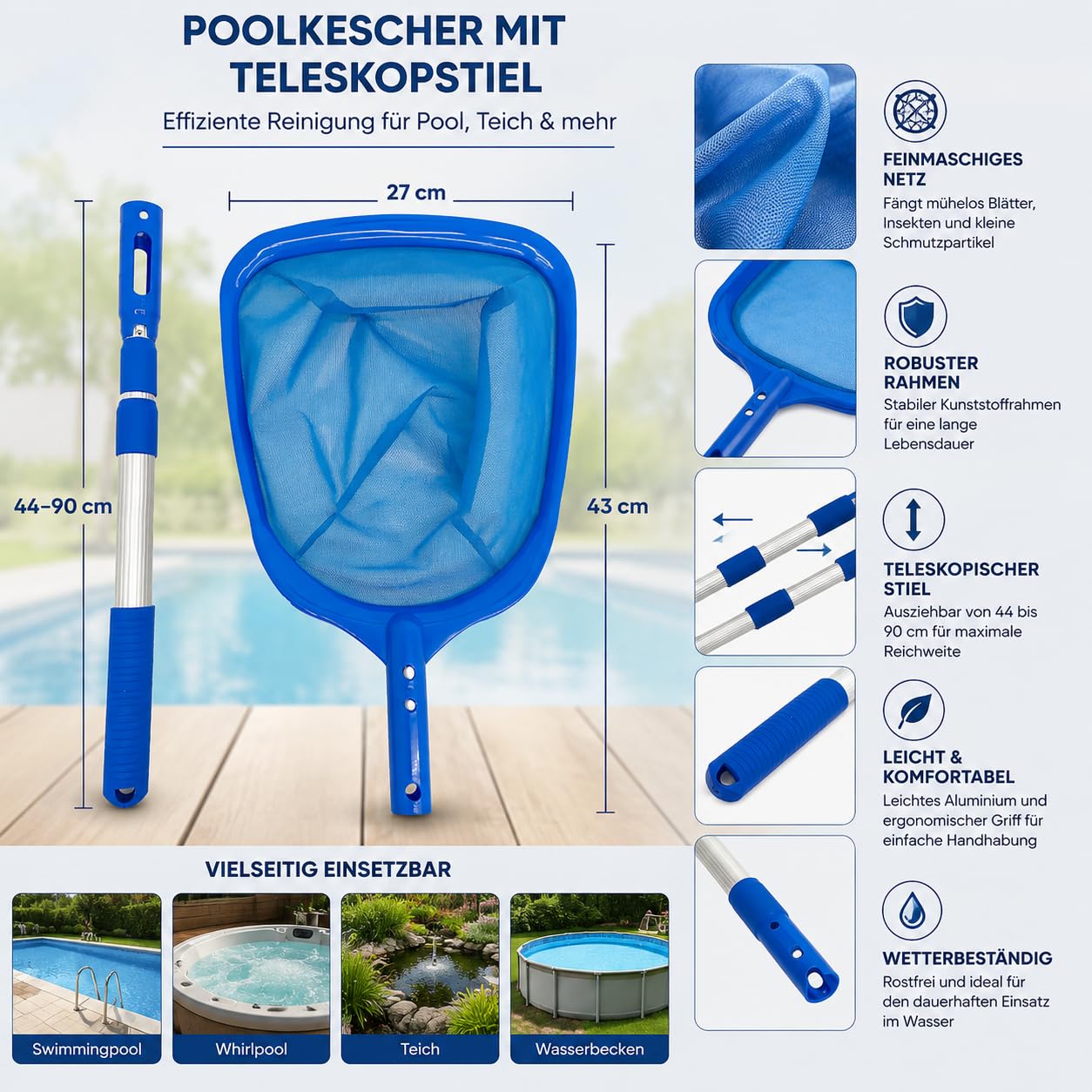 COIL Siatka basenowa – podbierak z drążkiem teleskopowym z aluminium – siatka na liście o drobnych oczkach do czyszczenia basenów, spa i stawów – 27 x 43 cm – niebieska